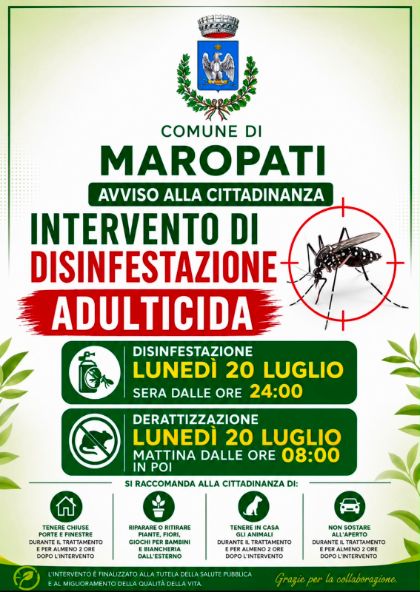 COMUNICAZIONE INTERVENTO DI DISINFESTAZIONE LUNEDI' 20 LUGLIO 2026